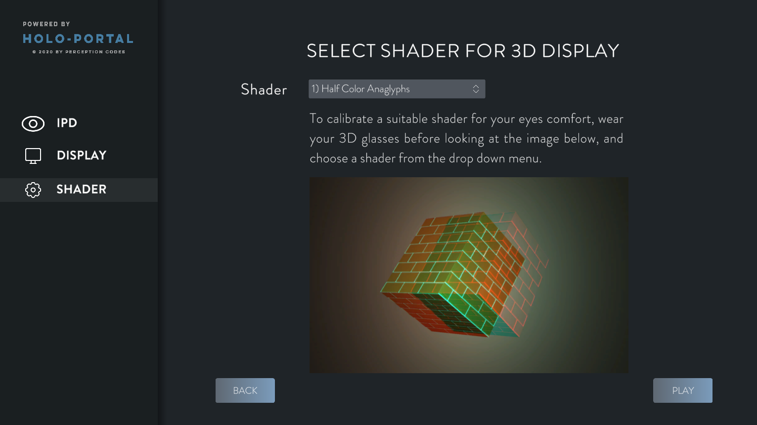 Selecting an Anaglyph shader that best suit a user red-blue glasses and display